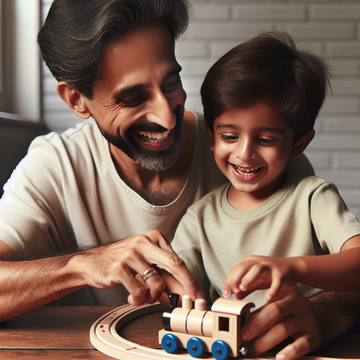 A South-Asian father and his Caucasian son share a joyful moment, playing with a wooden train.