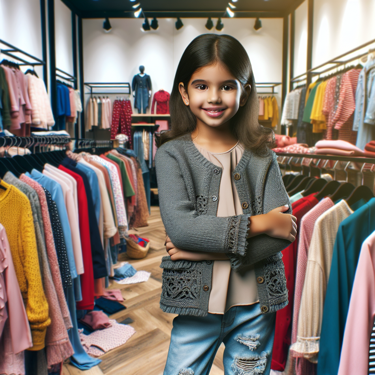 A smiling child of South Asian descent wearing fashionable clothes in a chic and trendy store filled with multicolored garments on clothing racks.