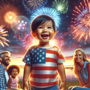 A joyful toddler of South Asian descent wearing a patriotic T-shirt, surrounded by colorful fireworks and diverse family members.