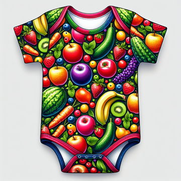 A baby bodysuit with a bold and vibrant design of colorful fruits and vegetables including apples, bananas, strawberries, tomatoes, cucumbers, and carrots scatt