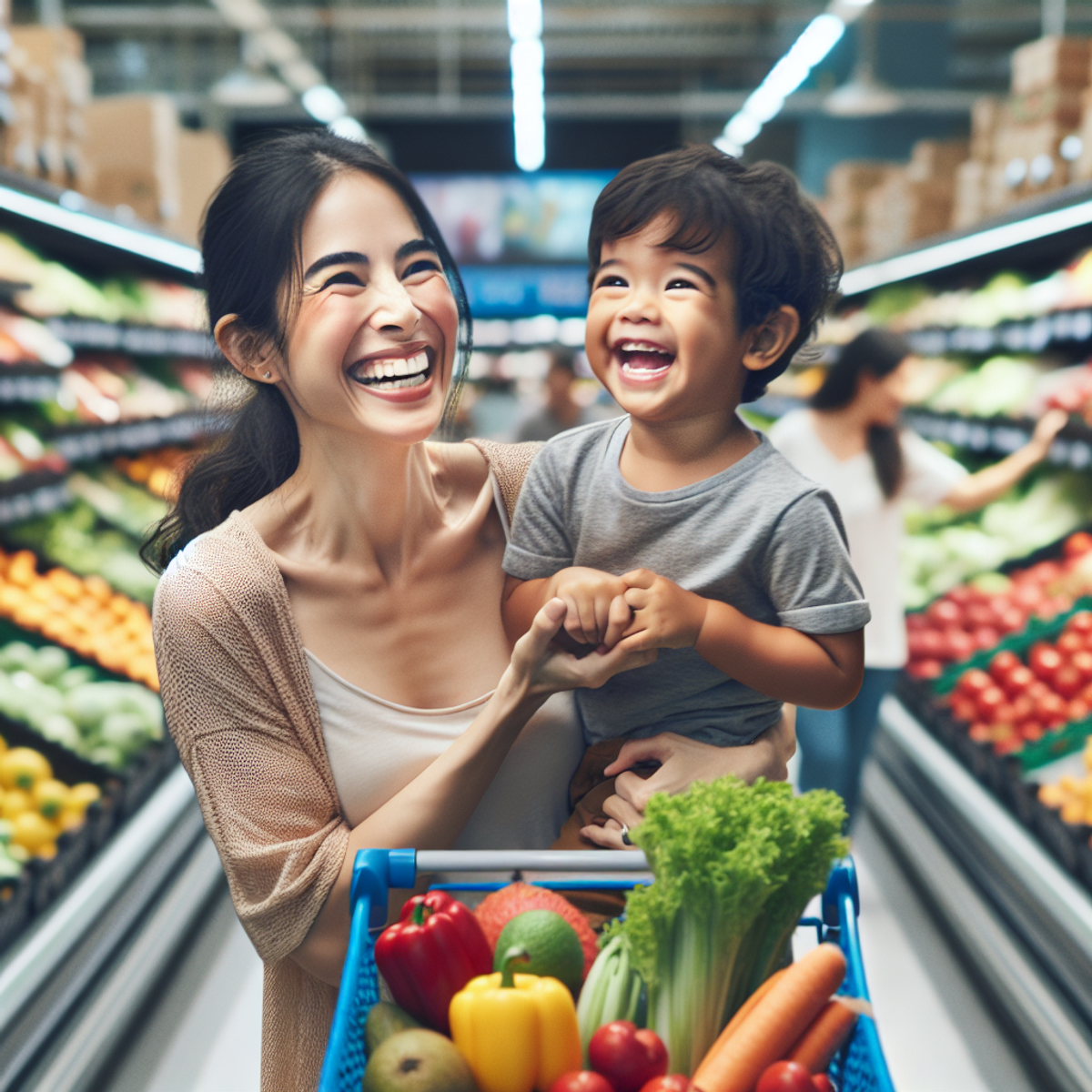 A smiling Asian woman and a Hispanic toddler holding hands while grocery shopping in a vibrant supermarket.